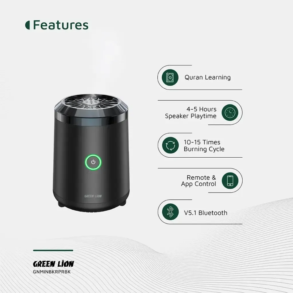 Green Lion Mini Bakhour Pro With Quran Speaker - Black-147241 Green Lion Mini Bakhour Pro With Quran Speaker - Black-147241