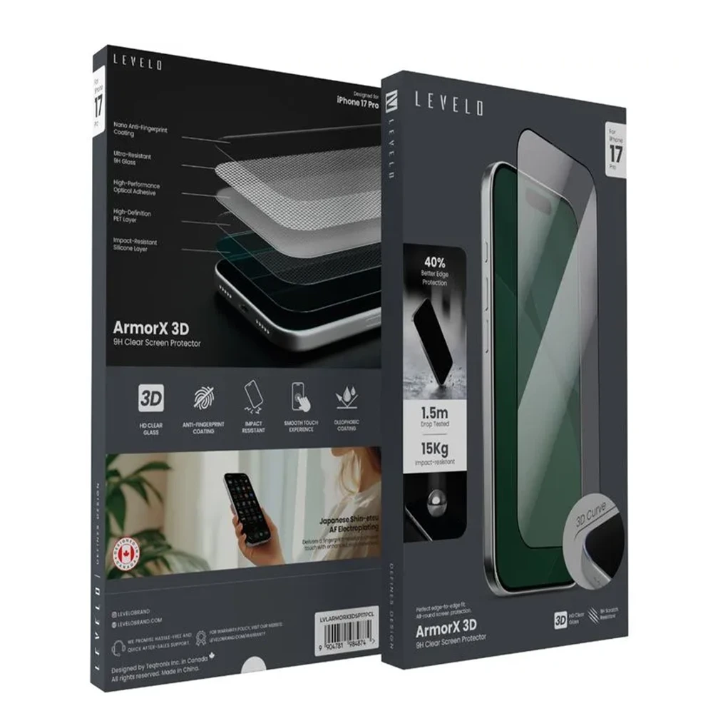 Levelo ArmorX 3D Clear Screen Protector with 9H Hardness for iPhone 17 Pro-148237 Levelo ArmorX 3D Clear Screen Protector with 9H Hardness for iPhone 17 Pro-148237