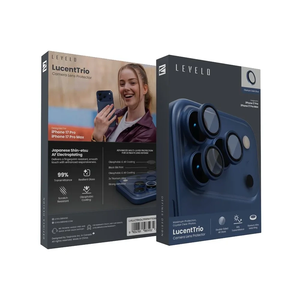 Levelo LucentTrio Camera Lens Protector with 99% Transmittance for iPhone 17 Pro / 17 Pro Max -  Titanium Blue-148253 Levelo LucentTrio Camera Lens Protector with 99% Transmittance for iPhone 17 Pro / 17 Pro Max - Titanium Blue-148253