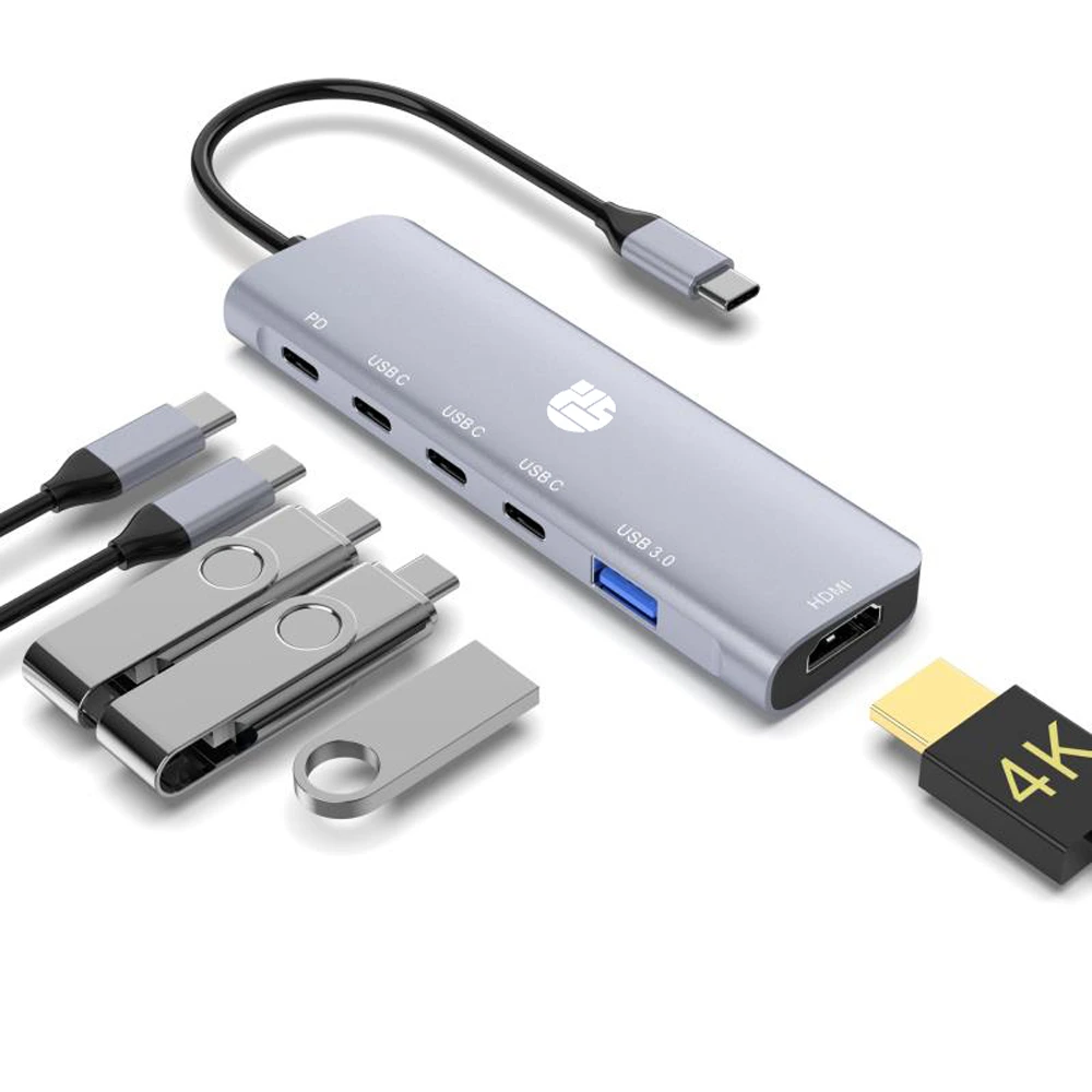 Yuanshan 6 IN 1 USB C HUB with PD 100W + 3 x Type C Data + HDMI 4K30HZ + USB A 3.0 power delivery multi port adapter-0 Yuanshan 6 IN 1 USB C HUB with PD 100W + 3 x Type C Data + HDMI 4K30HZ + USB A 3.0 power delivery multi port adapter-0