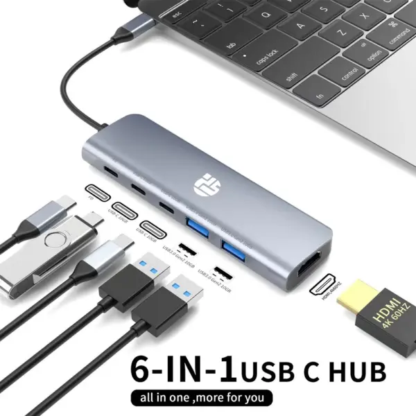 Yuanshan 6 IN 1 USB C HUB with PD 100W + 3 x Type C Data + HDMI 4K60HZ + USB A 3.1 power delivery multi port adapter-0