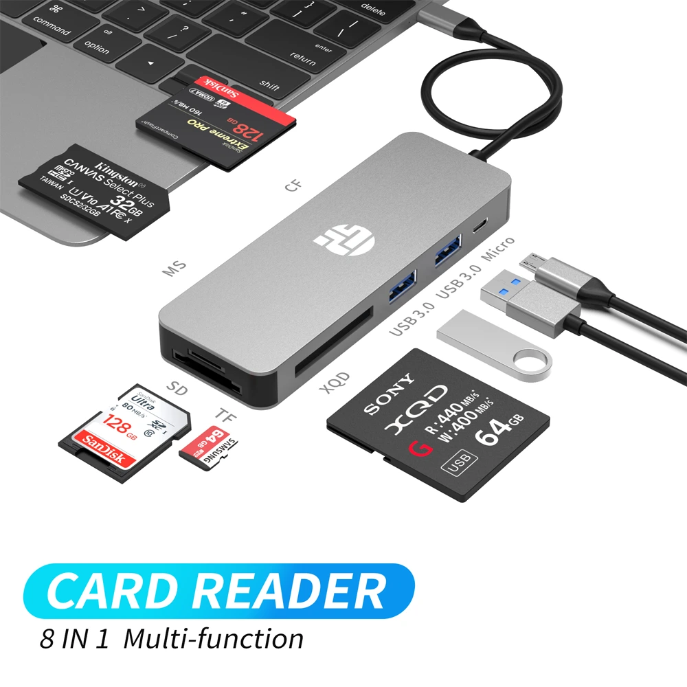 Yuanshan 8-in-1 USB C Hub with Power Delivery - USB 3.0 Ports & SD/XQD/CF Card Reader-0 Yuanshan 8-in-1 USB C Hub with Power Delivery - USB 3.0 Ports & SD/XQD/CF Card Reader-0