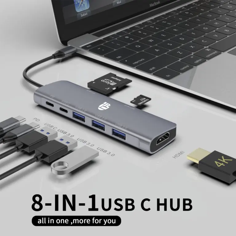 Yuanshan 8 IN 1 USB C HUB with HDMI 4K30HZ + PD 100W + Type C Data + 3 x USB A 3.0 +SD +TF card reader slot power charging multiport adapter docking station-0