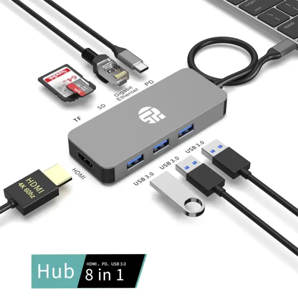 Yuanshan 8-in-1 USB-C Hub with 4K 60Hz HDMI, 100W PD Charging, Gigabit Ethernet, 10Gbps USB 3.1 Ports, SD/TF Card Reader, Multiport Docking Station-0