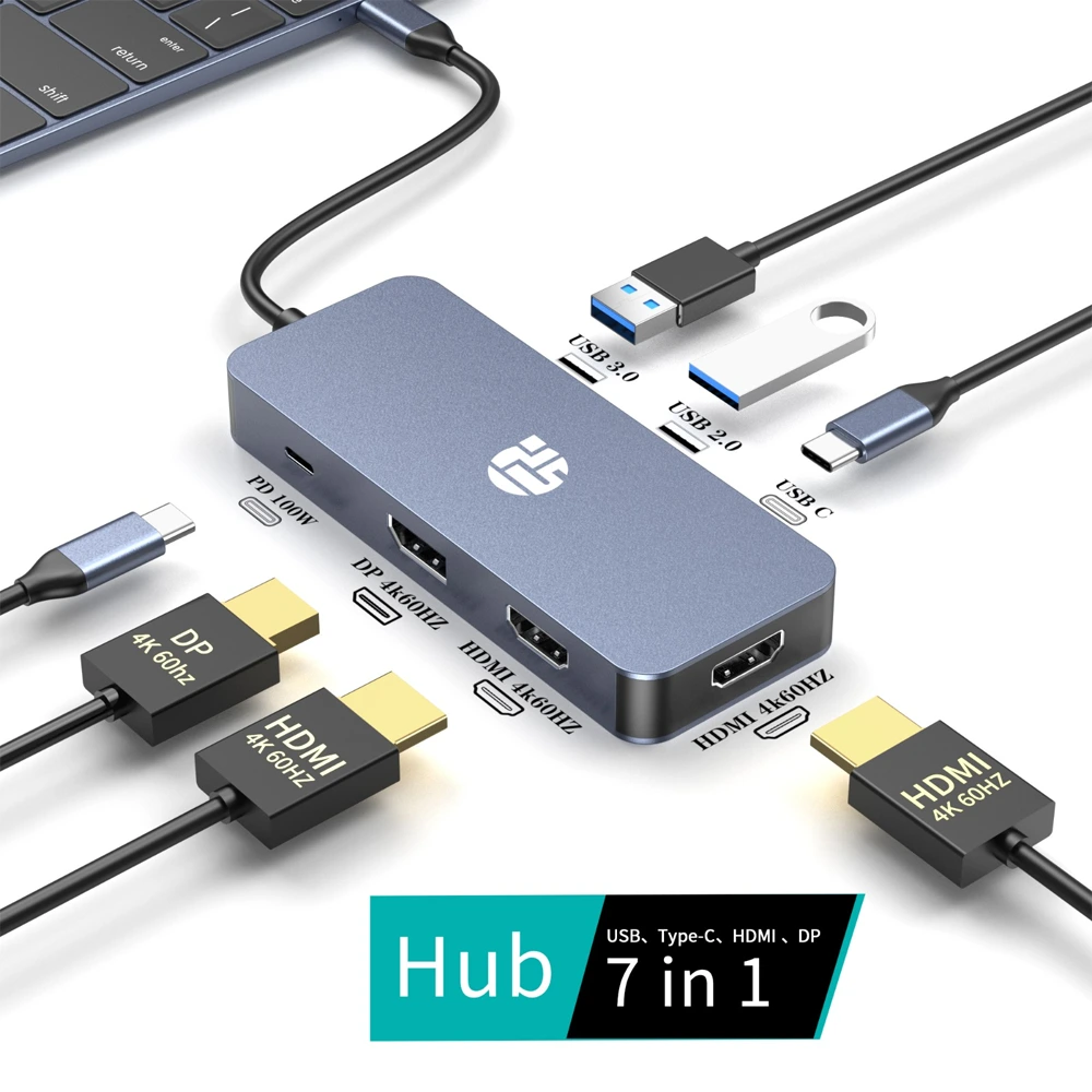 Yuanshan 7-in-1 USB-C Hub with Dual HDMI, DisplayPort 4K@60Hz, 100W PD, and USB-A Expansion-0 Yuanshan 7-in-1 USB-C Hub with Dual HDMI, DisplayPort 4K@60Hz, 100W PD, and USB-A Expansion-0