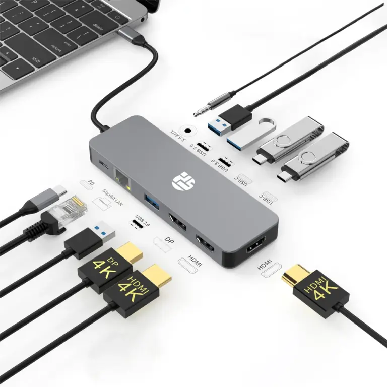 Yuanshan 11-in-1 USB-C Docking Station with Dual HDMI, DP 4K, Gigabit Ethernet, Audio, and 100W PD-0