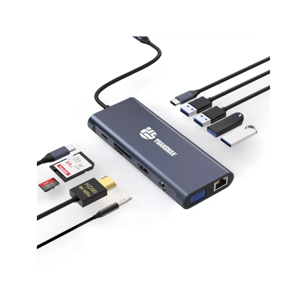 Yuanshan 12-in-1 USB-C Docking Station with 4K HDMI, VGA, USB 3.0 Hub, 100W PD, SD/TF Card Reader, Gigabit Ethernet, Audio – Universal Type-C Dock-thumbnail Yuanshan 12-in-1 USB-C Docking Station with 4K HDMI, VGA, USB 3.0 Hub, 100W PD, SD/TF Card Reader, Gigabit Ethernet, Audio – Universal Type-C Dock-thumbnail