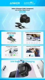 ⁦شاحن Anker بقدرة 25 واط مدمج مع كابل USB-C - أسود⁩ - الصورة ⁦5⁩